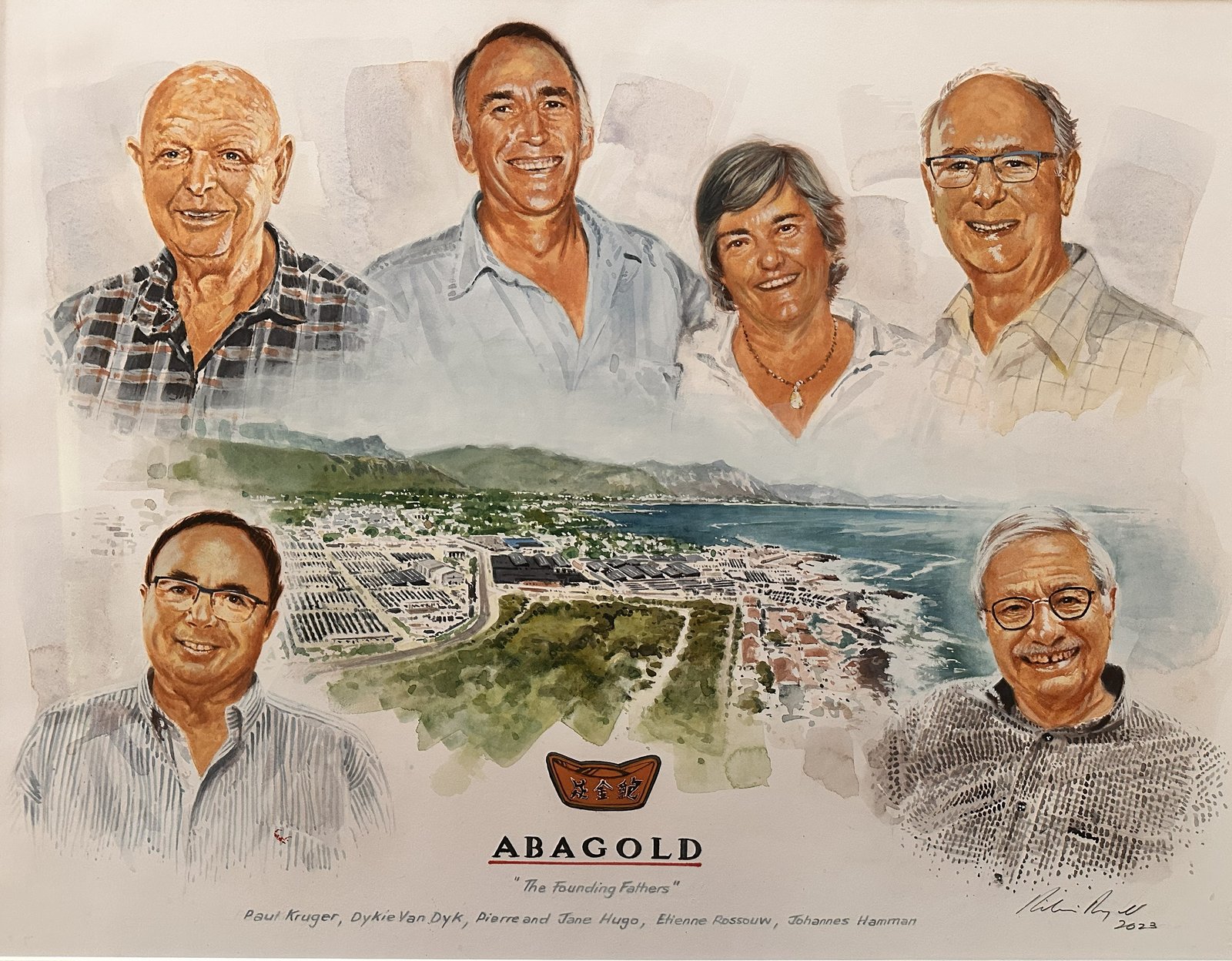 The Founding Fathers of Abagold — watercolour portrait of the founders above Hermanus and the sea