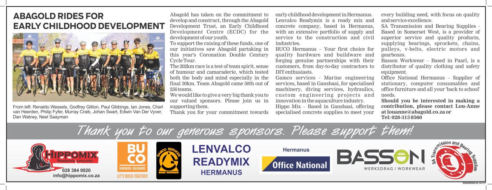 Sponsors of the Abagold Coronation Double Century Cycle Tour 2017 team