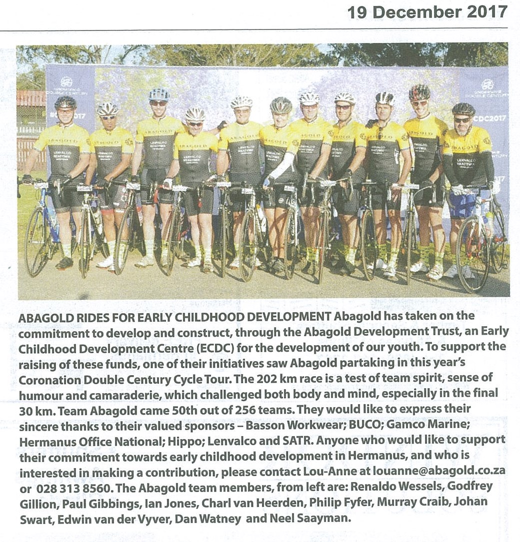 The Abagold cycling team at the Coronation Double Century Cycle Tour 2017, riding in support of early childhood development